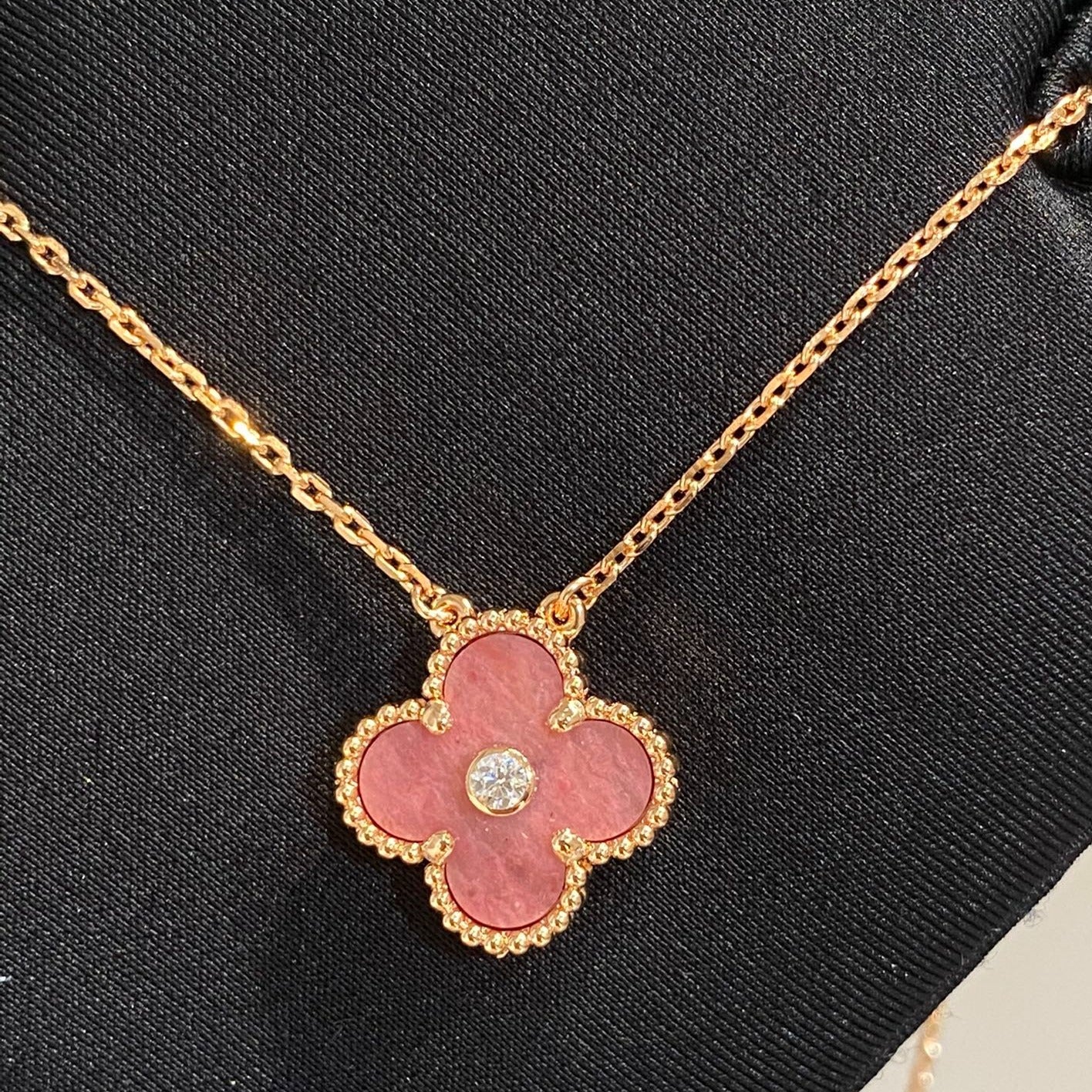 GlowCLOVER 15MM DIAMOND RHODONITE NECKLACE