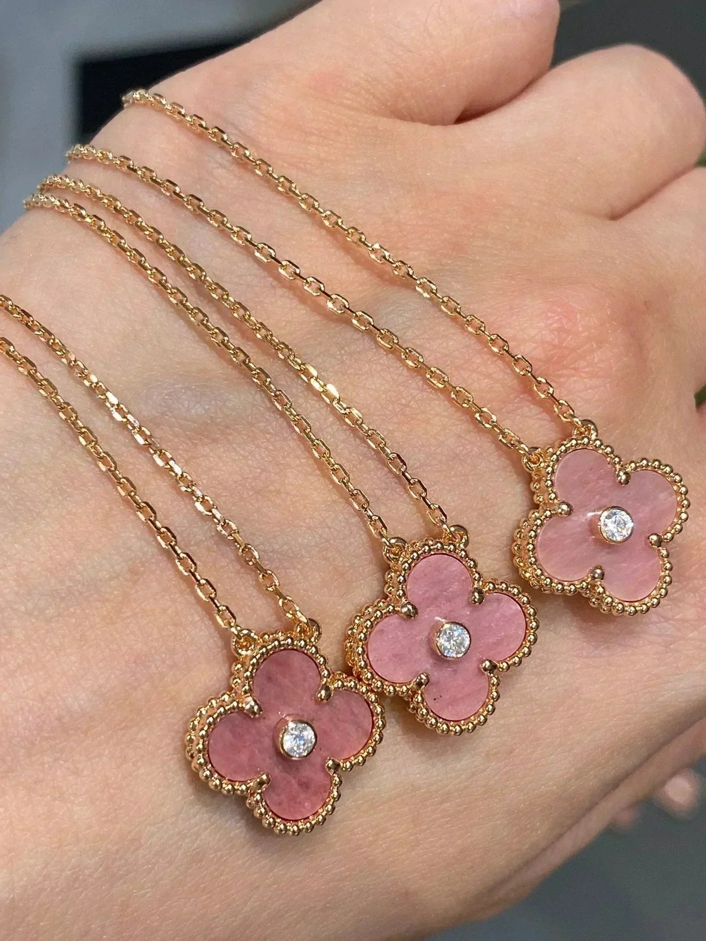 GlowCLOVER 15MM DIAMOND RHODONITE NECKLACE