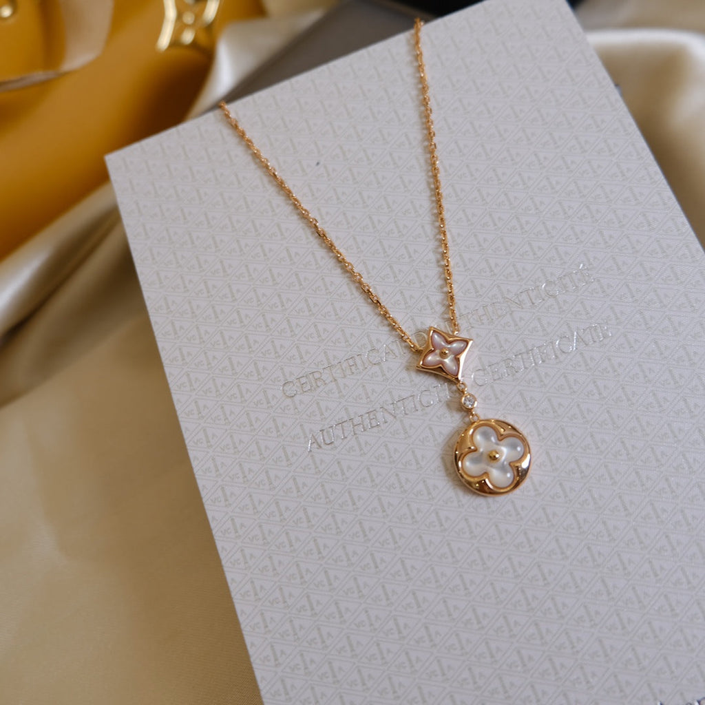GlowSTAR AND SUN WHITE MOP 2 MOTIF PINK GOLD NECKLACE
