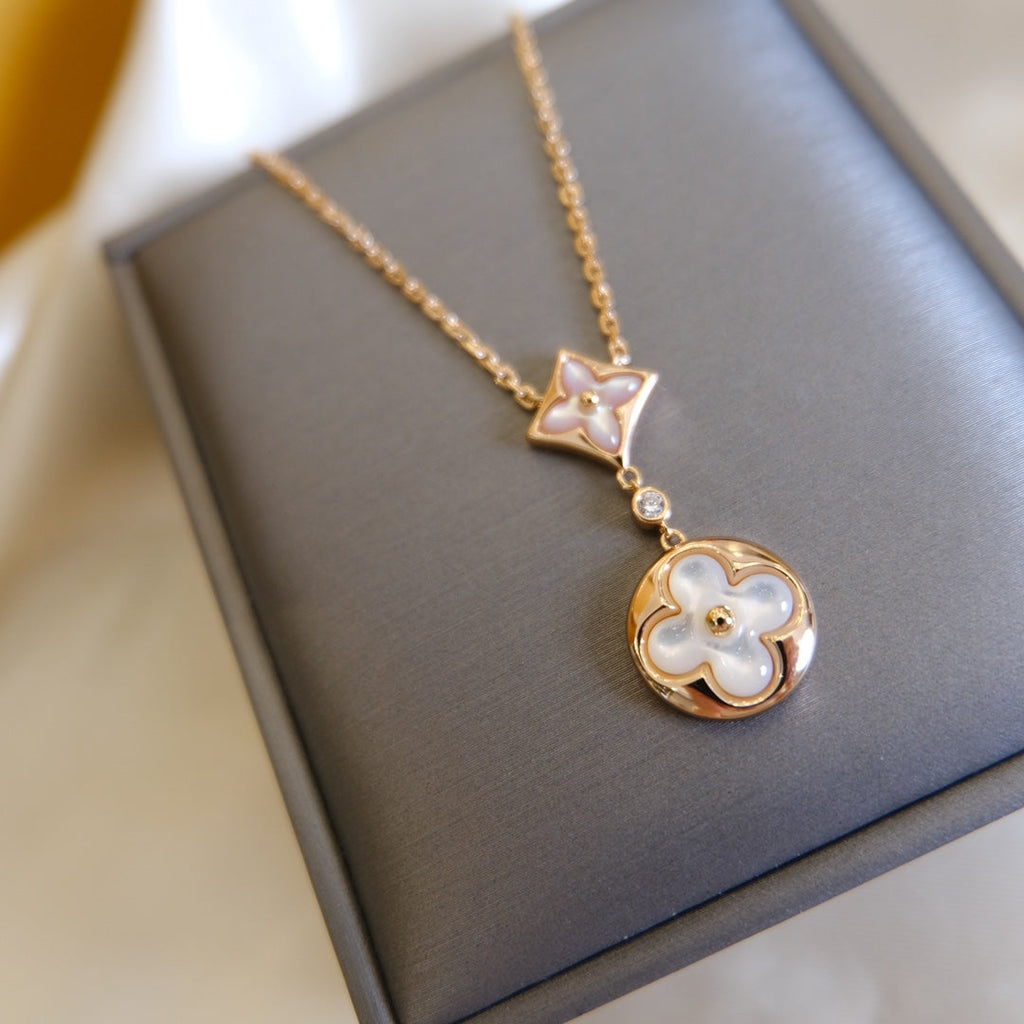 GlowSTAR AND SUN WHITE MOP 2 MOTIF PINK GOLD NECKLACE