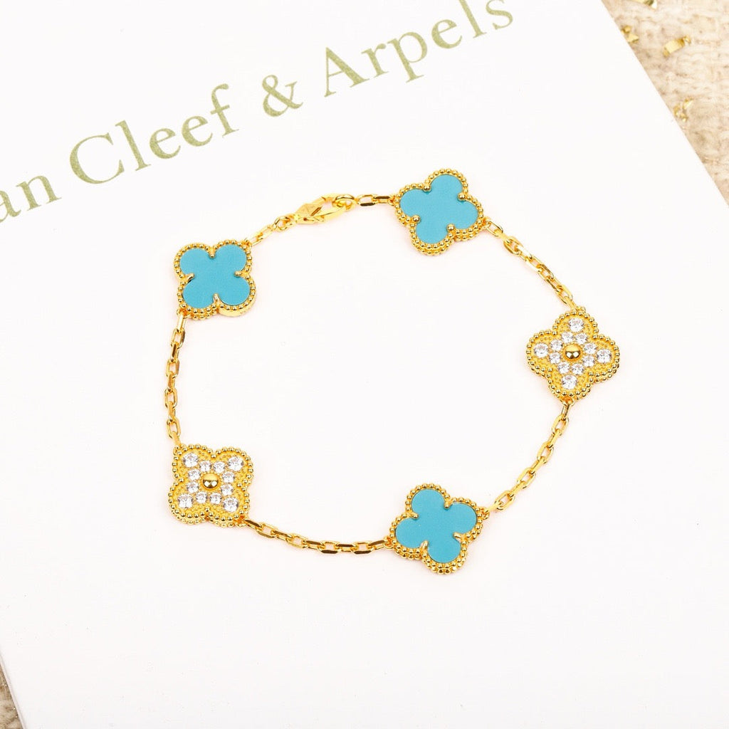 GlowCLOVER 5 MOTIF TURQUOISE DIAMOND GOLD BRACELET
