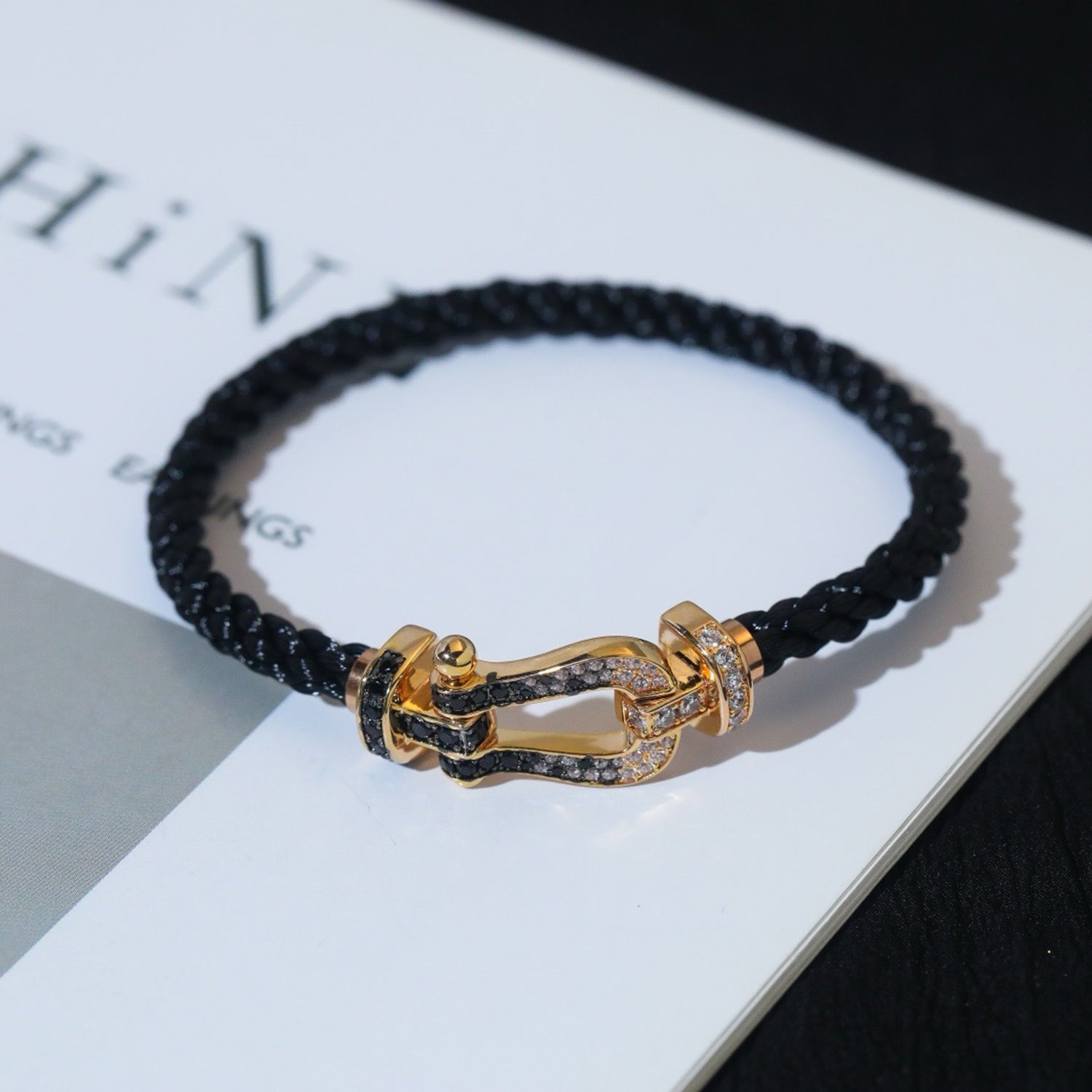 GlowFORCE LARGE HORSESHOE BLACK WHITE DIAMOND BRACELET ROSE GOLD
