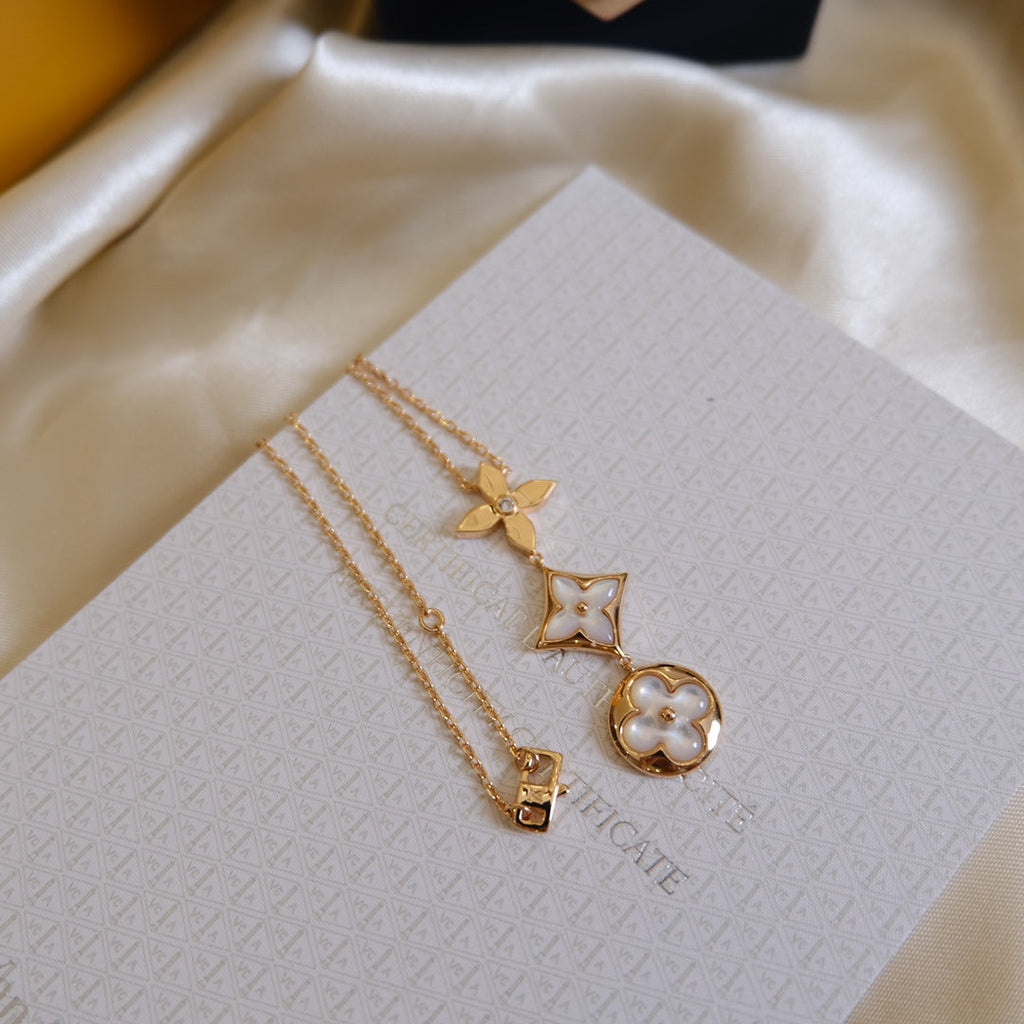 GlowCOLOR BLOSSOM LARIAT NECKLACE PINK GOLD WHITE MOTHER PEARL AND DIAMOND