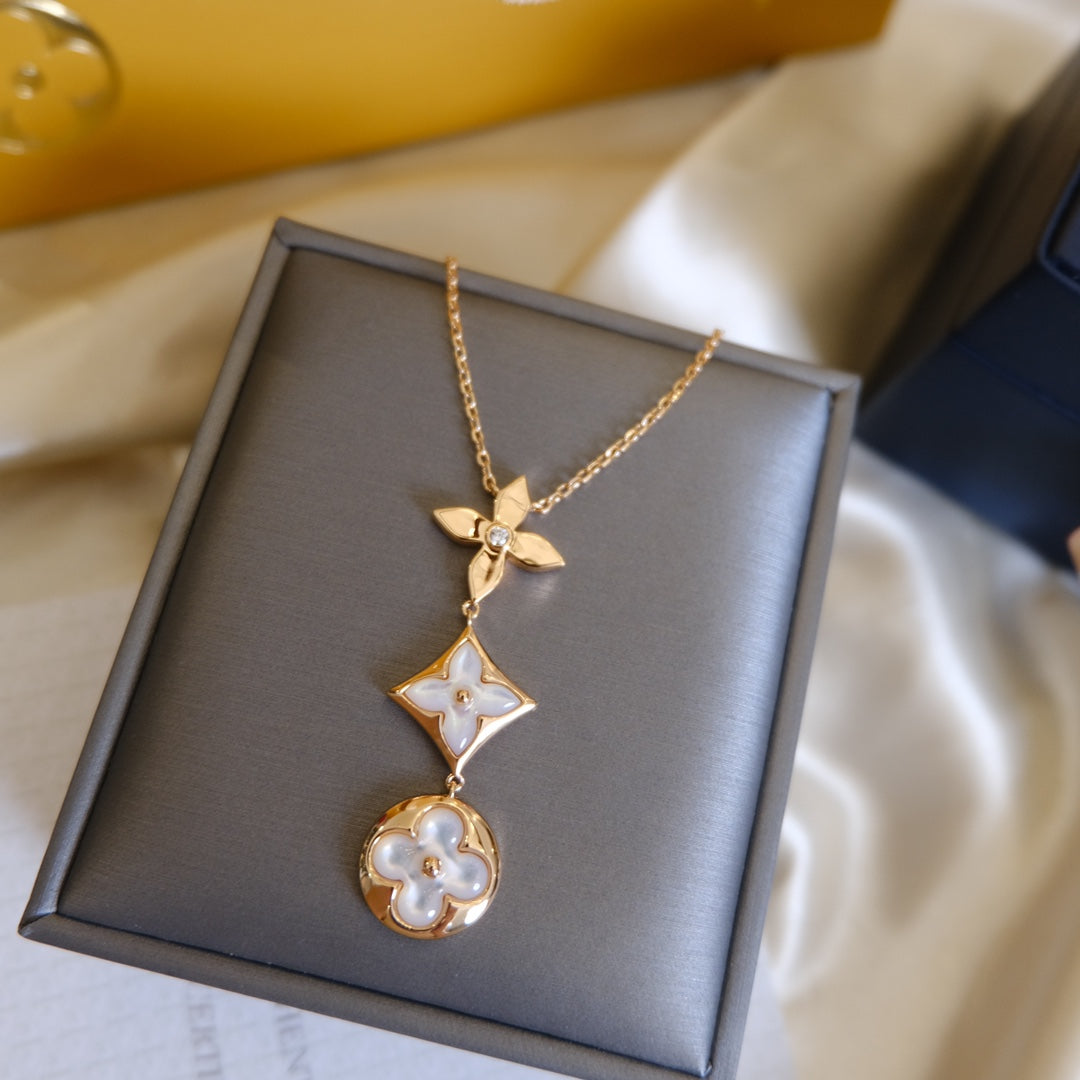 GlowCOLOR BLOSSOM LARIAT NECKLACE PINK GOLD WHITE MOTHER PEARL AND DIAMOND